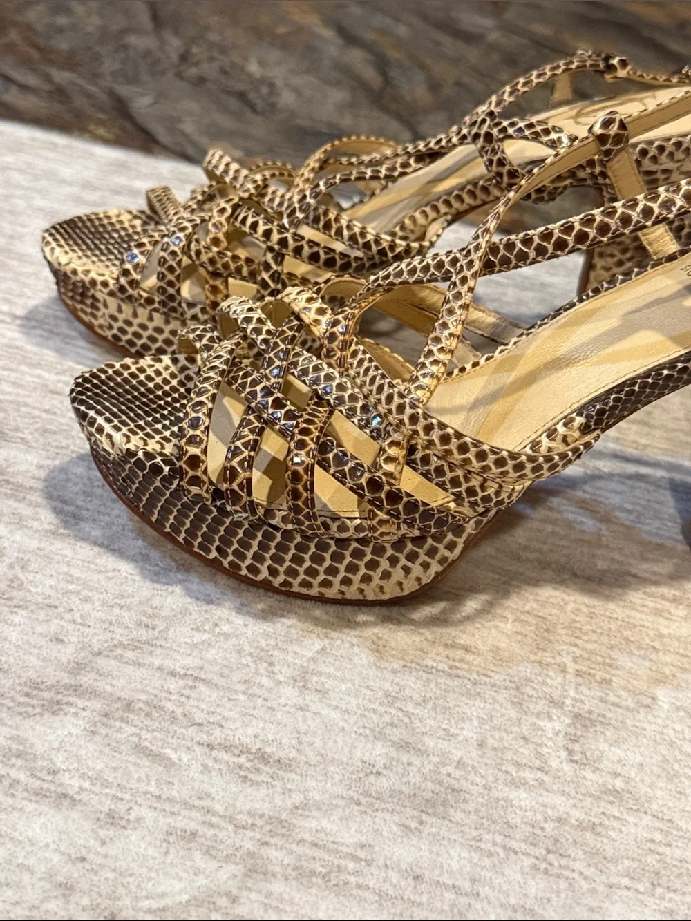 Women’s 7.5 Snake-Print Strappy Heels in Brown and Tan with platform